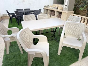 Mebel: Dördbucaq masa, 6 stul, Açılan, Stullar ilə, Plastik