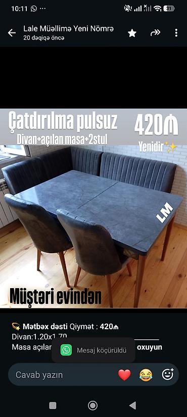 ev yemekleri sifarisi: 💫 *Mətbəx dəsti* Qiymət : *420₼* Divan:1.20x1.70 — 1