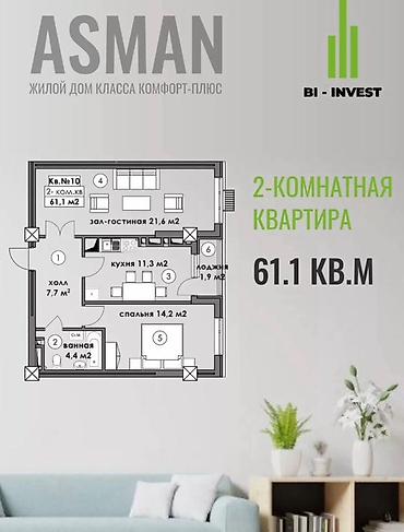 11: 2 комнаты, 61 м², Кок-Жар мкр 11 этаж, ПСО (под самоотделку) — 10