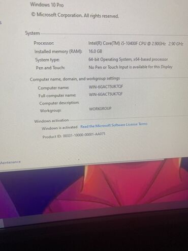 komputer dəsti: Intel Core i5-10400F prosessoru, 16 GB RAM və Windows 10 Pro əməliyyat