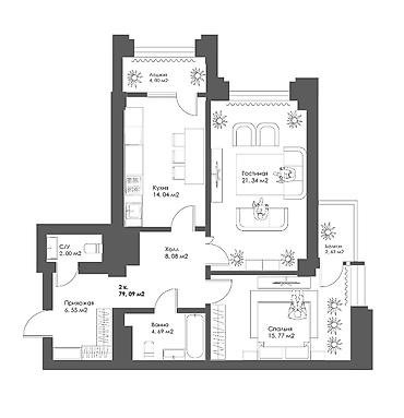 Продажа квартир: 2 комнаты, 77 м², Асанбай мкр Элитка, 3 этаж, ПСО (под самоотделку) — 1