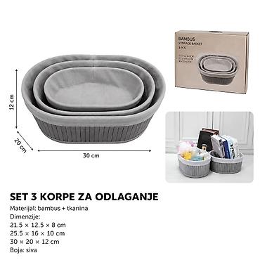 KMT Set 3 ovalne bambusove korpe za odlaganje, svetlosive Praktičan i