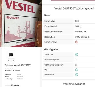 emteze 80 v Azərbaycan | Kənd təsərrüfatı maşınları: Vestel smart tv 740azn satilir. Tezedi karopkada. Xususiyyetleri qeyd