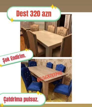 Masa və oturacaq dəstləri: Qonaq otağı üçün, Yeni, Açılmayan, Dördbucaq masa, 6 stul — 8