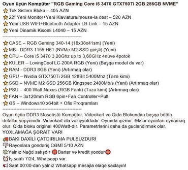 Masaüstü kompüterlər və iş stansiyaları: Oyun üçün Kompüter "RGB Gaming Core i5 3470 GTX750Ti 2GB 256GB NVME” -da lalafo.az — 2 Masaüstü kompüterlər və iş stansiyaları: Oyun üçün Kompüter "RGB Gaming Core i5 3470 GTX750Ti 2GB 256GB NVME” — 2