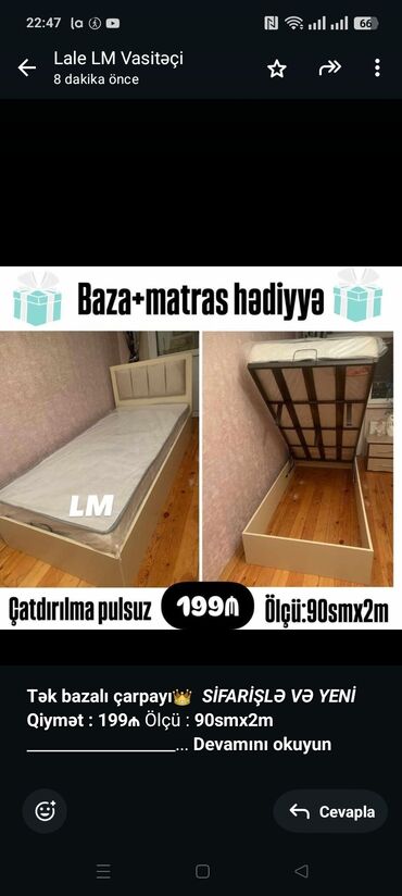 Мебель для дома на заказ: *Tək bazalı çarpayı*👑 _*SİFARİŞLƏ VƏ YENİ*_ *Qiymət : 199₼* Ölçü 