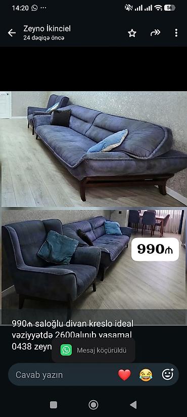 2ci el perde: 990₼ saloğlu divan kreslo ideal vəziyyətdə 2600alınıb yasamal 0438 — 1