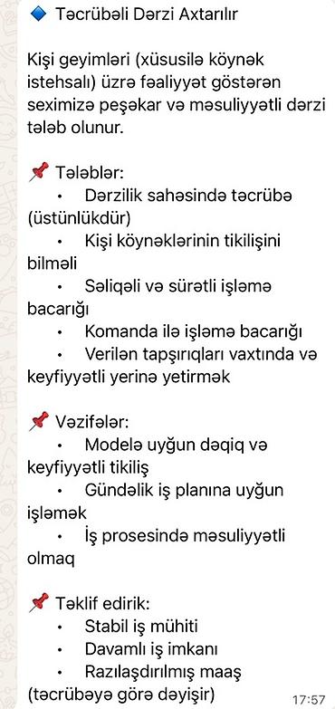 Швейное дело: Təcrübəli Dərzi Axtarılır Kişi geyimləri (xüsusilə köynək istehsalı) — 1