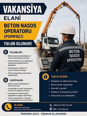 catering vakansiya: Beton, monolit ustası tələb olunur, Təcrübəsiz, Növbəli qrafik, Aylıq ödəniş — 1