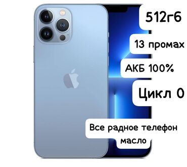 айыон 13: IPhone 13 Pro Max, Новый, 512 ГБ, Синий, Наушники, Зарядное устройство, Защитное стекло, 100 %