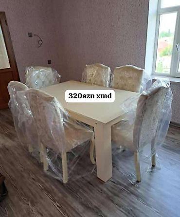 Masalar və oturacaqlar: Yemək dəsti – masa və 6 ədəd stul - Rəng: açıq krem/ağ ton - Masa — 1