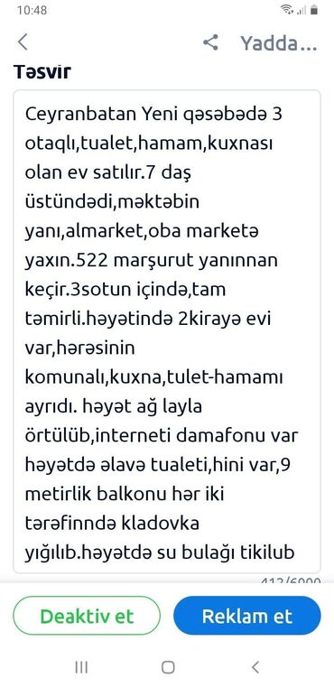 lənkəran kirayə evlər 2023: Ceyranbatan, Yeni qəsəbə – 3 otaqlı həyət evi. Ev 7 daş üstündədir
