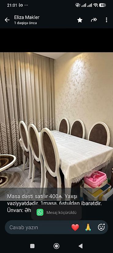 Masa dəsti satılır 400₼. Yaxşı vəziyyətdədir. 1masa, 6stuldan