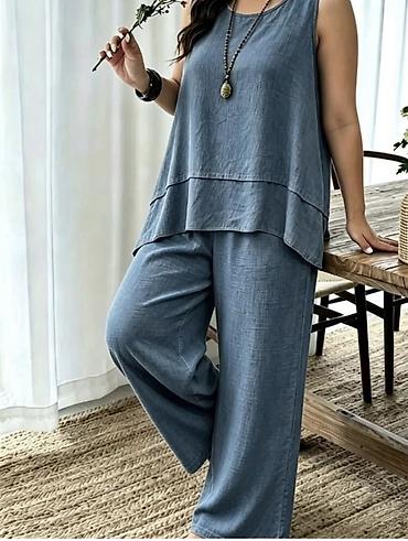 lakovane pantalone: Komplet tunika siroka bez rukava i široke pantalone. - Model — 3