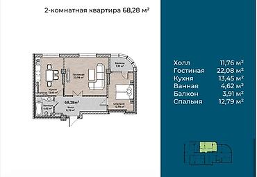 Продажа квартир: 2 комнаты, 68 м², Кок-Жар ж/м Элитка, 6 этаж, ПСО (под самоотделку) — 4