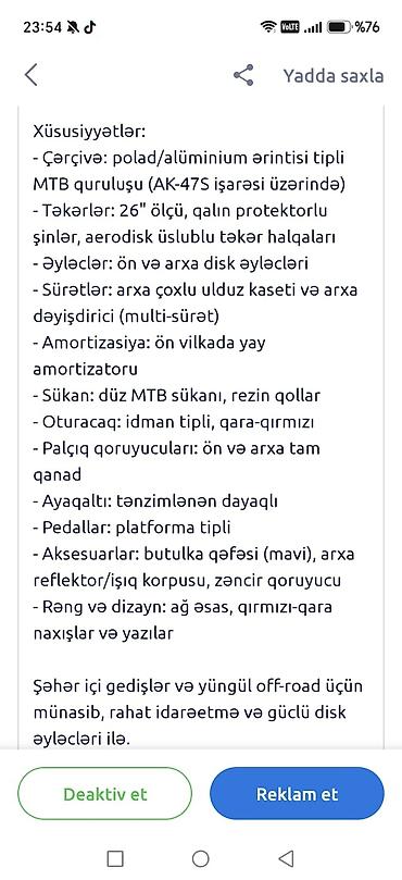 velosipedler: MTB tipli velosiped – 26” Xüsusiyyətlər: - Çərçivə: polad/alüminium — 3