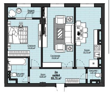 бишкек квартиры продажа: 2 комнаты, 69 м², Элитка, 14 этаж, ПСО (под самоотделку)