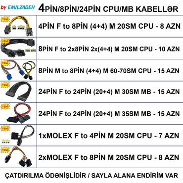 Digər kompüter aksesuarları: Kabellər "4/8/24pin CPU/MB Original" 🚚Metrolara və ünvana çatdırılma