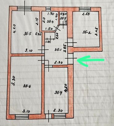 3х комнатный: 3 бөлмө, 60 кв. м, Жеке план, 2 кабат, Эски ремонт