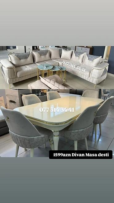 Divan və Masa Dəsti – 1599 AZN - Künc divan: krem-bej rəngli, yumşaq