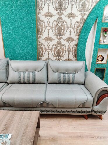 Divan və masa dəstləri: Künc divan dəsti Açılan, bazalı, - Rəng: Açıq boz (boz-yaşıl tonlu) — 6