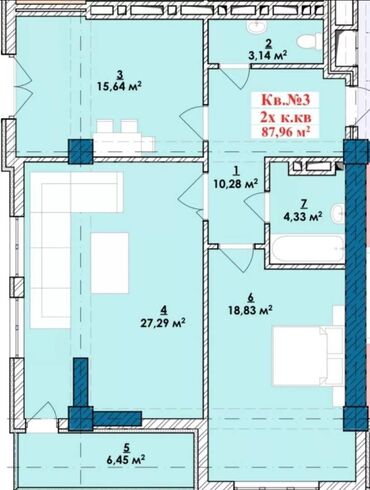 авангард 1 комнатная квартира: 2 бөлмө, 88 кв. м, 8 кабат