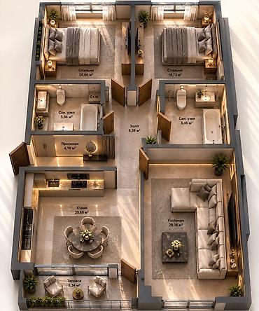 3 комнаты, 120 м², 12 мкр 3 этаж, ПСО (под самоотделку)