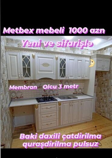 ikinci el kuxna mebeli gence: 🟣Metbex mebeli 🟣 *Membran* 🟣Üzeri qızılı isleme 🟣 *Qiymet 1000 azn*