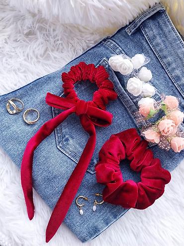 Aksesoari za kosu: Set baršunastih scrunchie gumica za kosu – bordo/crvena - Materijal — 5