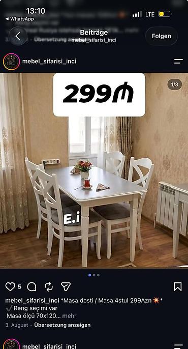 stolustu nabor: Masa dəsti – masa + 4 stul - Qiymət: 299 AZN (şəkildə göstərildiyi — 1
