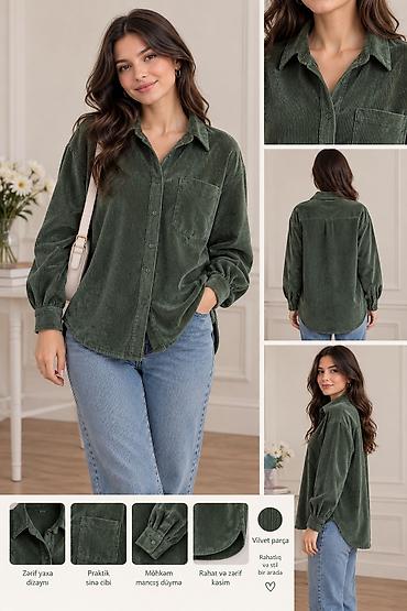 Xaki-yaşıl rəngdə qadın köynəyi – Stradivarius - Material: yumşaq