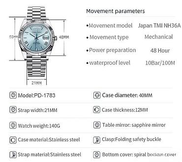 Ručni satovi: PAGANI DESIGN PD-1783 - 40mm - Meteor Bela - Rolex Day-Date Potpuno — 5