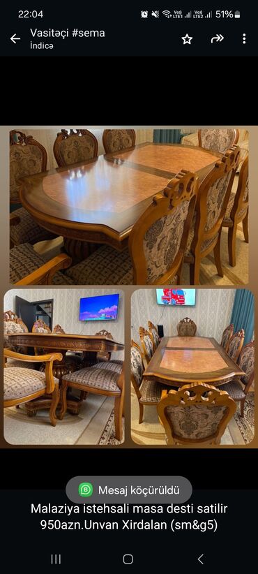 malaziya stolu: Malaziya istehsali masa desti satilir 950azn.Unvan Xirdalan