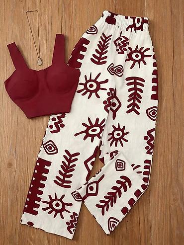 bordo şalvar: Qadın dəsti – bordo crop top və qrafik naxışlı şalvar - İki hissədən — 2