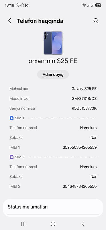 telefon iphone xs: Samsung Galaxy S25 FE, 256 GB, rəng - Göy, İki sim kartlı — 2