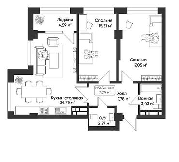 Продажа квартир: 3 комнаты, 80 м², Тунгуч мкр Элитка, 8 этаж, ПСО (под самоотделку) — 2