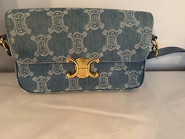 celine: Denim çiyin çantası - Material: mavi denim parça, üzərində — 1