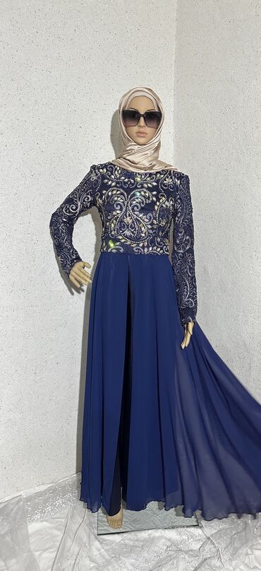 синяя вечерняя платья: Вечернее платье, Длинная модель, С рукавами, Стразы, M (EU 38)