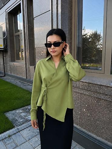 рубашка лён: Блузка, Лен, Однотонный, На запах — 3
