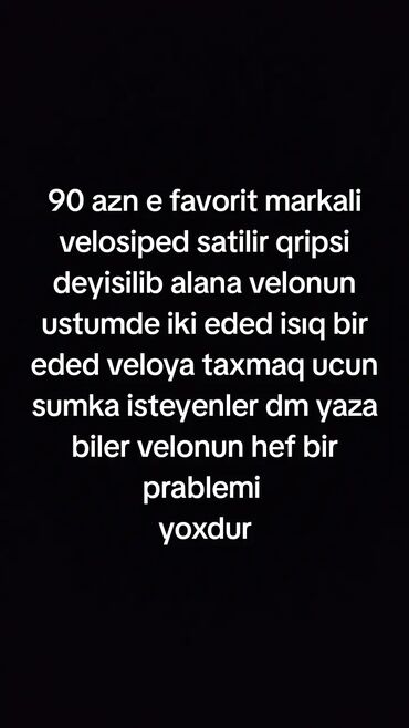 masin ucun velosiped tutacagi: Favorit markalı velosiped satılır. Qripsi yenilənib. Üstündə: - 2 ədəd