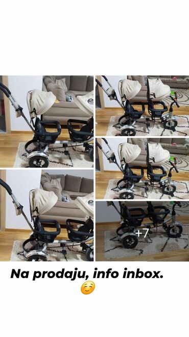 stvari za bebu decaka: Na prodaju tricikl za blizance u odlicnom stanju. Prednje sediste moze