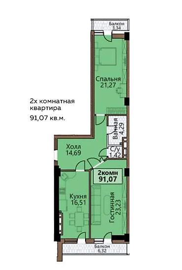 elif: 2 комнаты, 91 м², Южная Магистраль Элитка, 14 этаж, ПСО (под самоотделку) — 2