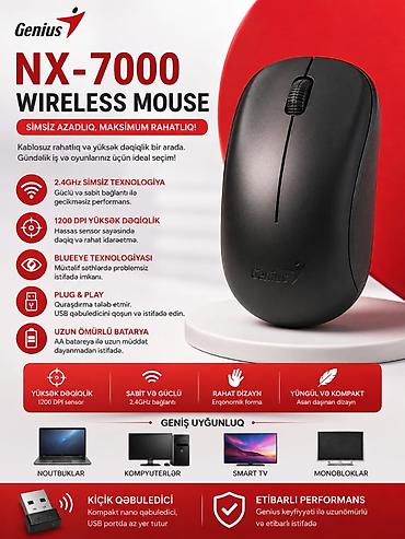 kompüter manitor: 🔥 GENİUS NX-7000 2.4GHz Simsiz Siçan 🔹 Əsas Xüsusiyyətlər: 📌 1200 DPI — 1