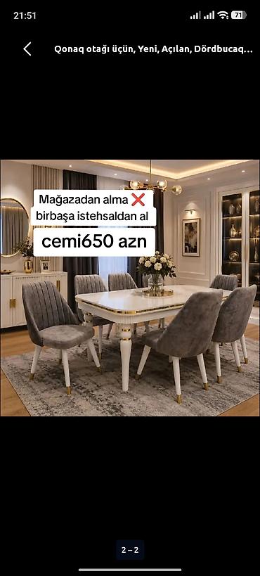 acılan stol: Qonaq otağı üçün, Yeni, Açılan, Dördbucaq masa, 6 stul — 1