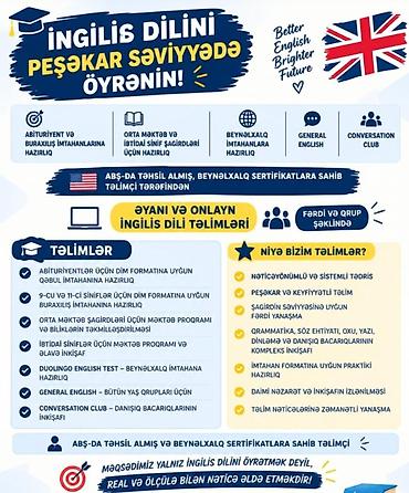 Xarici dil kursu, İngilis dili, Böyüklər üçün, Uşaqlar üçün, Danışıq klubu, IELTS/TOEFL, Diplom, sertifikat