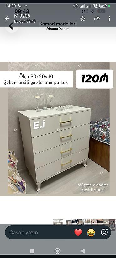 stullar ev ucun: Ağ rəngli komod – zərif qızılı tutacaqlarla. - Model: 5 çekmecəli — 1