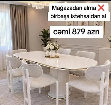 Ağ rəngdə zərif yemək dəsti – oval formalı masa və 6 ədəd yumşaq