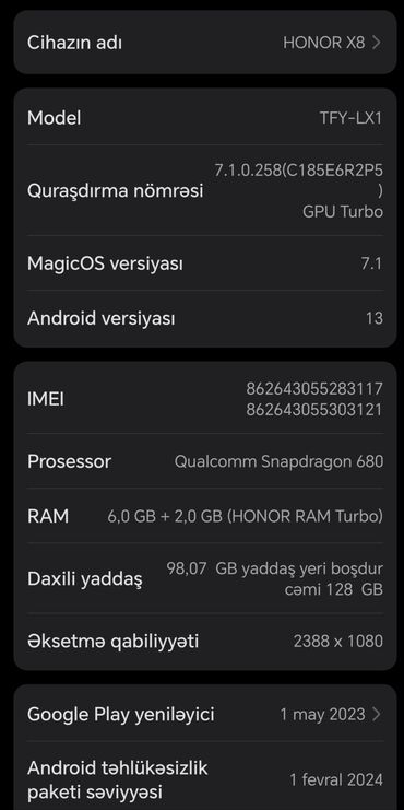 iwlenmiw telefonlarin satisi: Honor 8X, 4 GB, rəng - Qara, Zəmanət, Sensor, Barmaq izi