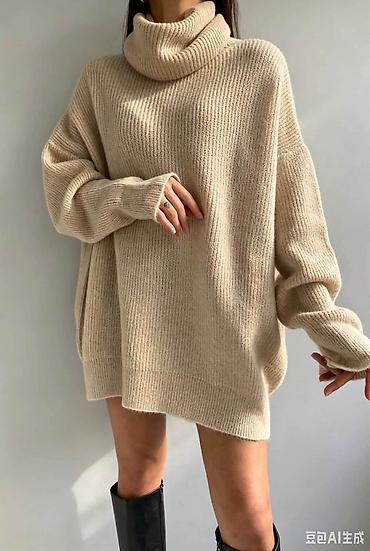 white tech fleece: Džemper-haljina sa rolkom, oversize kroja - Model: širok, ležeran — 3
