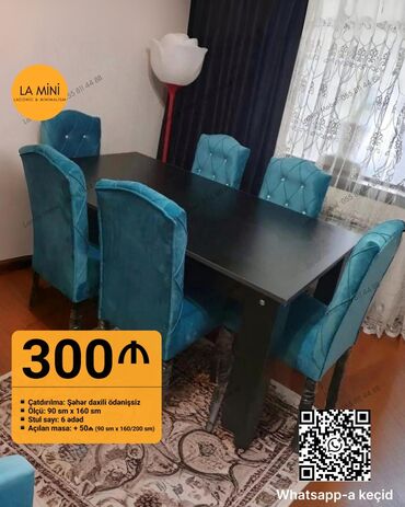 барные стулья: Qonaq otağı üçün, Açılan, Dördbucaq masa, 6 stul